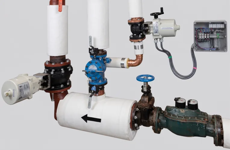 A building water entry: insulated risers, a flanged main with a motorized valve actuator, a backflow preventer, the municipal meter, and a wall-mounted control panel wired to the actuators.