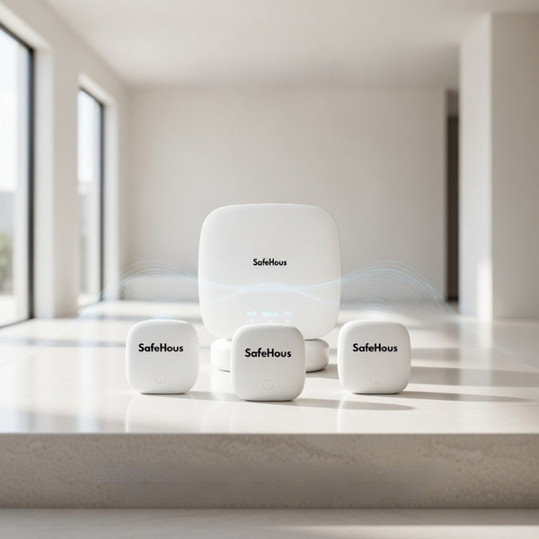 The Safehous Aware kit — point-of-leak sensors and a LoRa internet gateway.