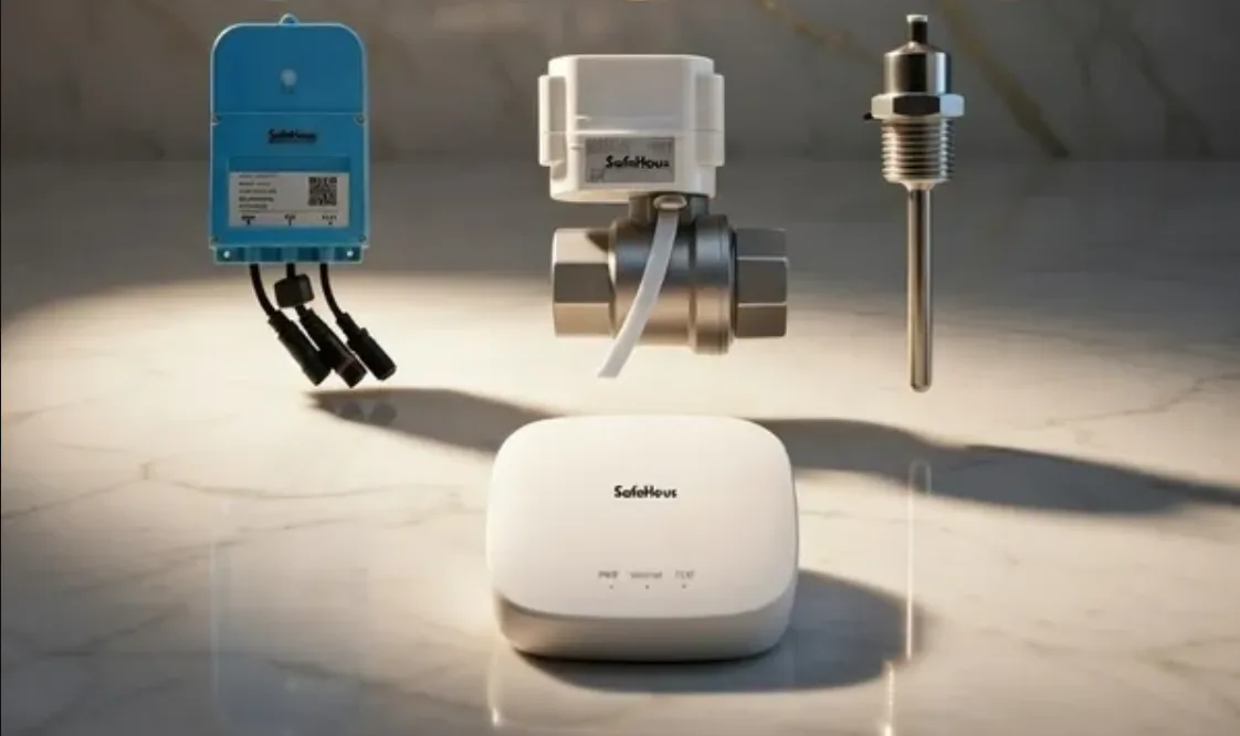 The Safehous Intelligence kit: leak sensor controller, automatic shut-off valve, FL-1000 in-line flow sensor and gateway.